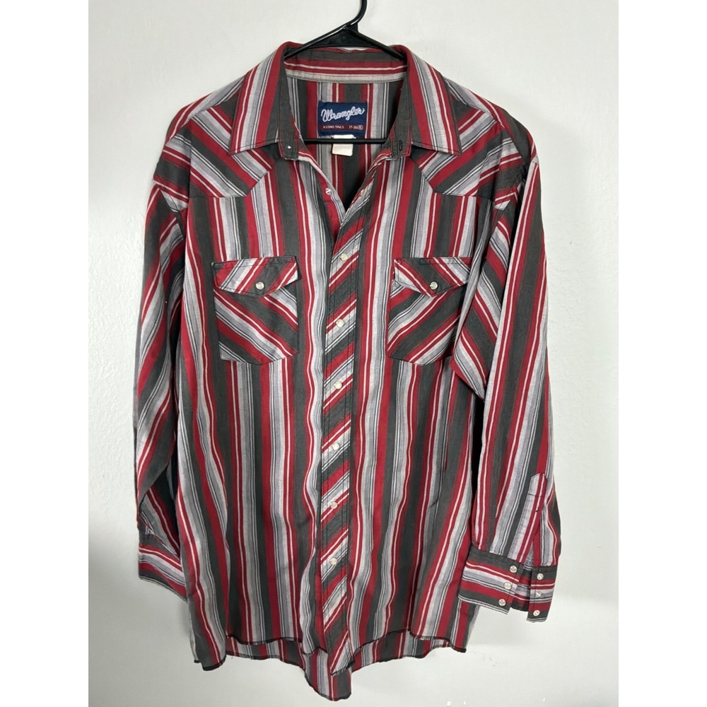Wrangler Western Shirt‎ Mens XL Tall Red Striped Pearl Snap Cowboy Button down